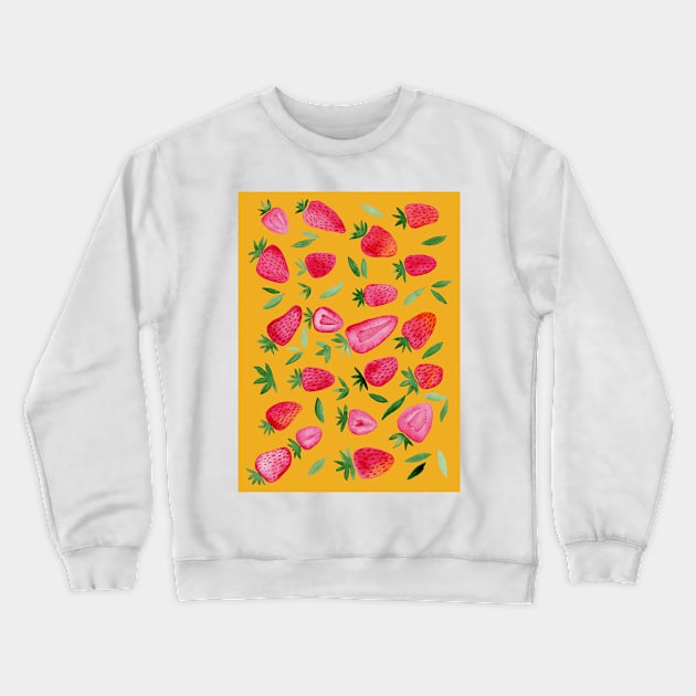 Watercolors strawberries - red and green on ochre Crewneck Sweatshirt by wackapacka